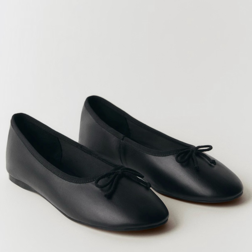 Mango Black Bow Detail Soft Leather Flats